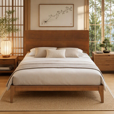 Mid-Century Modern Queen Size 12 Inch Bamboo Wood Platform Bed With Wood Slat Metal Support, No Box Spring Needed, Easy Assembly