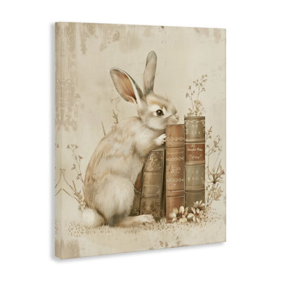 Neutral Rabbit & Books Canvas Wall Art, design by Arlington Prints