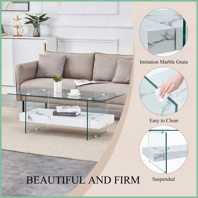 Table basse 43,3 pouces à double couche en verre trempé - 4 finitions décoratives, facile à assembler et amp; Style flottant peu encombrant