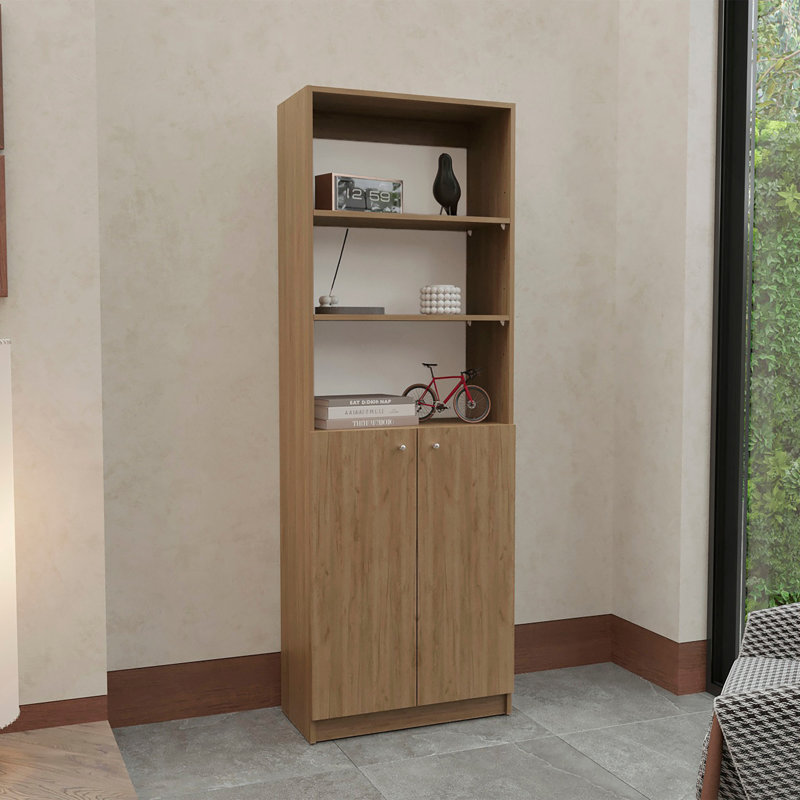 Home 2-Door Bookcase, Modern Storage Unit With Dual Doors And Multi-Tier Shelves Beige, Beige