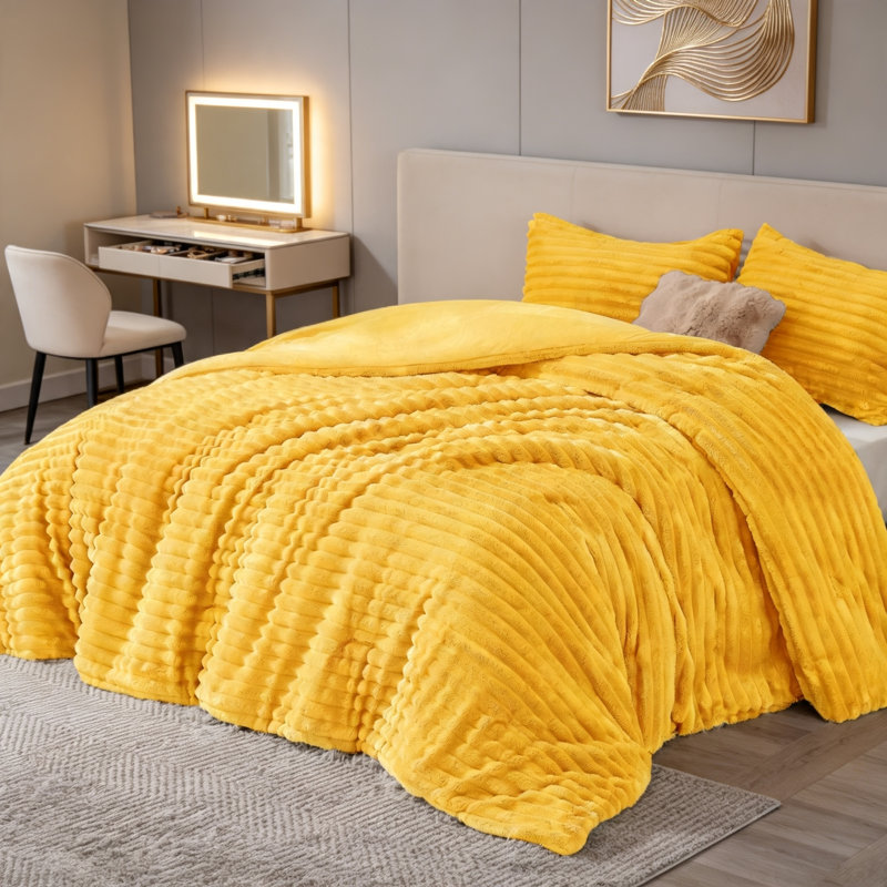 Ensemble de couette en polaire moelleuse Queen jaune vif