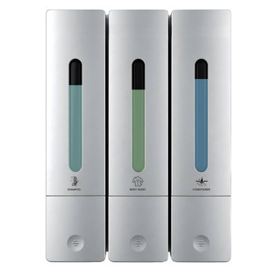 Distributeur de shampooing et revitalisant - Distributeur de savon de douche mural sans perceuse - Distributeur de shampooing et shampoing pour le corps à 3 chambres - Facile à installer pour la salle de bain Hotel - Argent 1200 ml