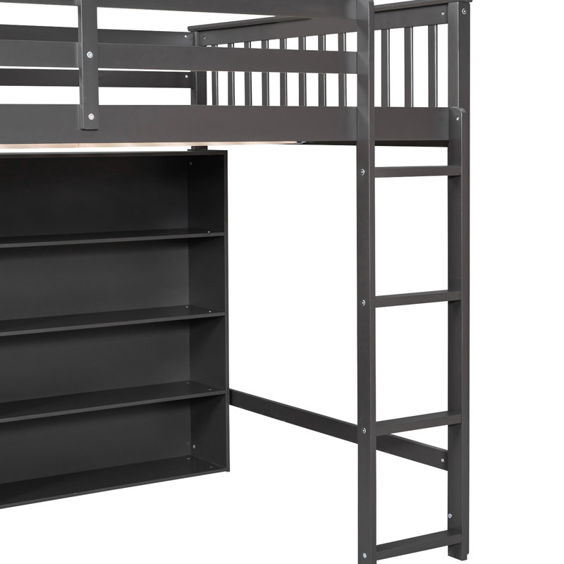Lit mezzanine double avec 8 tablettes de rangement ouvertes et lit simple encastré gris pour les adolescents, lit de construction solide, tablette incluse, bureaux, construction