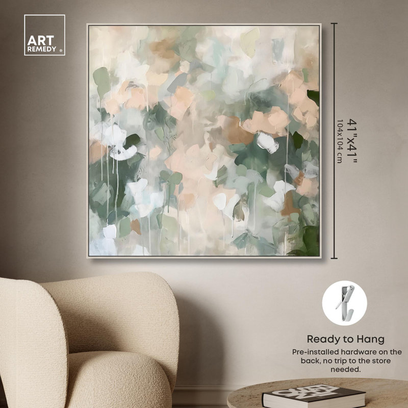 «Earth & Emerald Rhythm Canvas Minimal Abstracts» par Art Remedy, H 41 po x l 41 po x P 2 po, Encadrement argenté