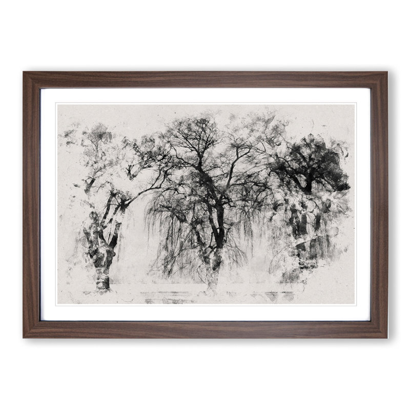 Three Trees at Winter Watercolour - Picture Frame Graphic Art, 27cm H x 36cm W x 2cm D, Walnut
