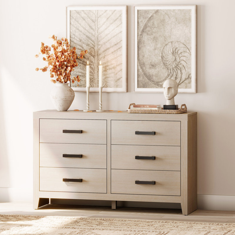 6 Drawer Dresser for Bedroom, 53" Wide Wood Double Dresser with Large Drawers, Farmhouse Rustic Chest of Drawers, Oak Storage Organizer for Living Room,