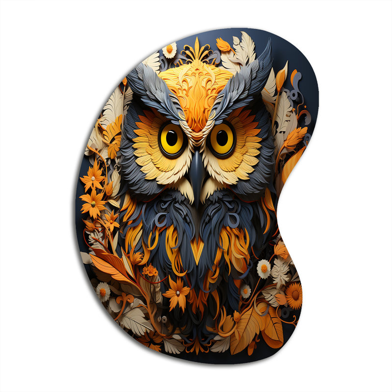 «Yellow Owl Wise Owise Papercut», reproduction d'art de sculpture murale asymétrique en métal, H 31 po x l 22 po