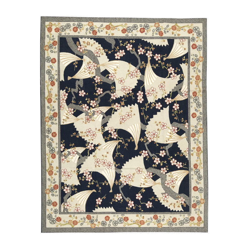 Tapis bleu marine et ivoire de haute qualité noué à la main, Rectangle 7 pi 11 po x 10 pi