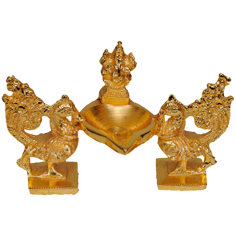 Lampe Lord Ganesha en laiton fabriquée à la main de 4 po avec paire de paons - conception traditionnelle Mayureshwar - décor décoratif indien pour puja, cadeaux et décoration intérieure