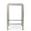 Table de bar d'extérieur grise avec structure en aluminium et plateau en verre givré, légère et résistante aux chocs.