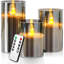 Led Flameless Candles, Battery Operated Flickering Candles Pillar Real Wax Moving Flame Electric Candle Sets Gold Glass Effect with Remote Timer, 4 in, 5 in, 6 in (Grey)