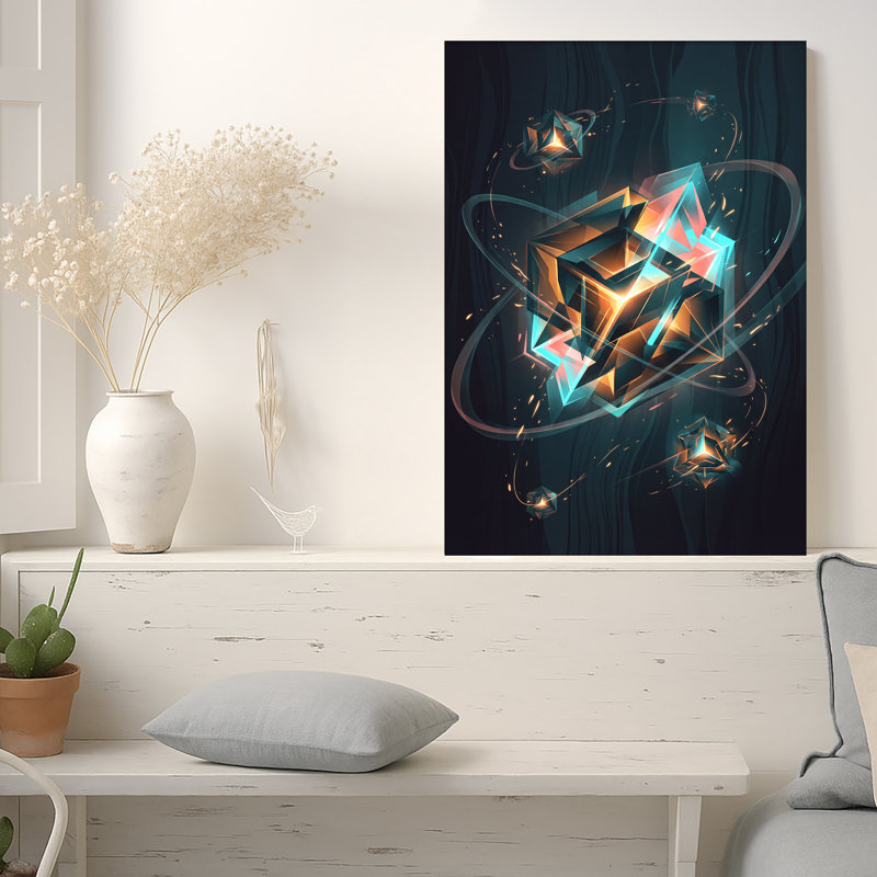 Art mural sur toile en forme de cristal géométrique rougeoyant et cyan, 18"H x 12"W