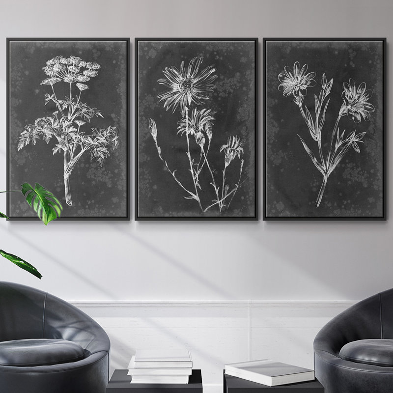 Slate Floral II, ensemble de 3 toiles encadrées sur toile, Noir, H 27 po x l 54 po