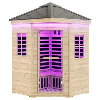 Sauna sec en bois d'épinette infrarouge pour 4 personnes avec chauffe-pieds bas, tourmaline, luminothérapie 7 couleurs et deux haut-parleurs Bluetooth (59,1 po x 59,1 po x 98,4 po / 2850 W / 240 V)