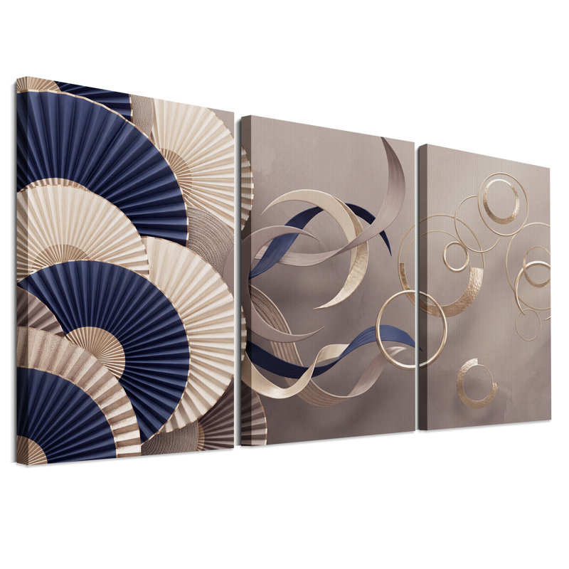 Ensemble de 3 toiles abstraites bleu marine et anneaux dorés, H 30 po x l 20 po x 3 pièces