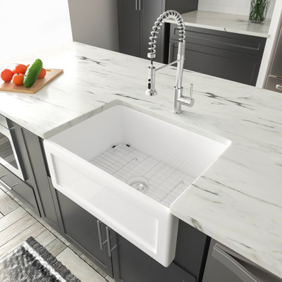 Évier de cuisine à simple cuve en céramique blanche à tablier frontal L 24 po x l 18 po
