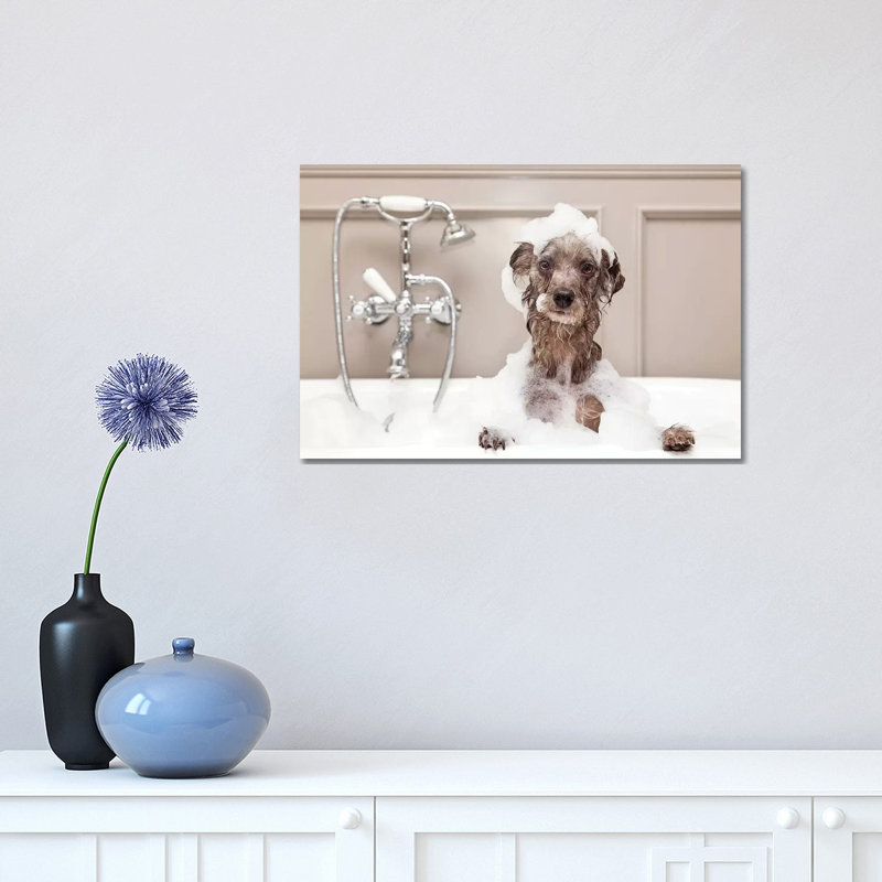 Funny Dog Taking Bubble Bath by Susan Schmitz - Print on Canvas, 66.04 cm H x 45.72 cm W x 3.175 cm D, Wrapped Canvas