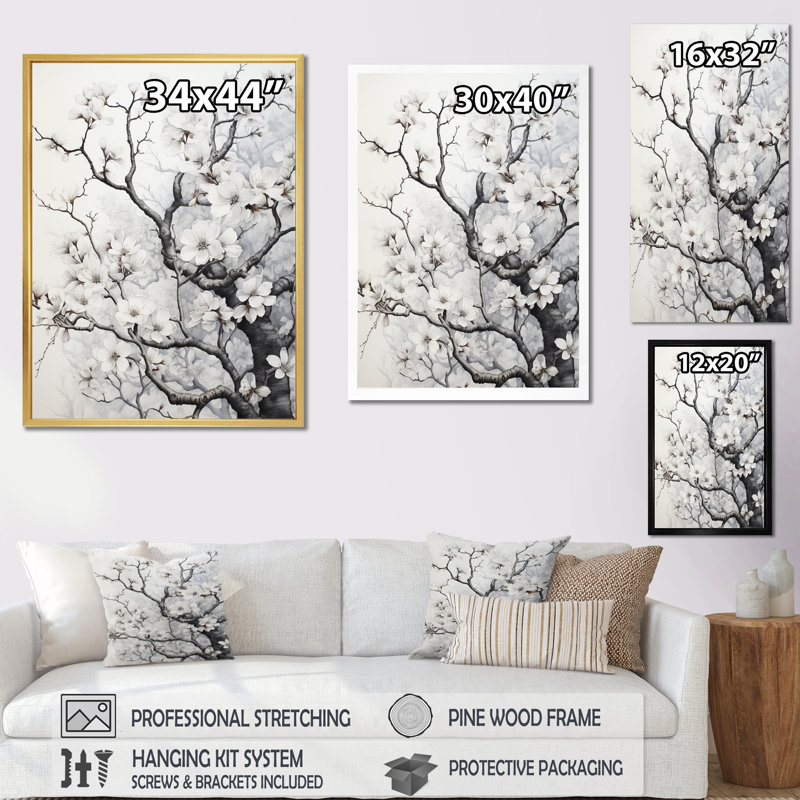 Grey White Tree Graphite Whispers I - Landscape Trees Wall Art Prints, L 16 po x H 32 po, Cadre photo doré