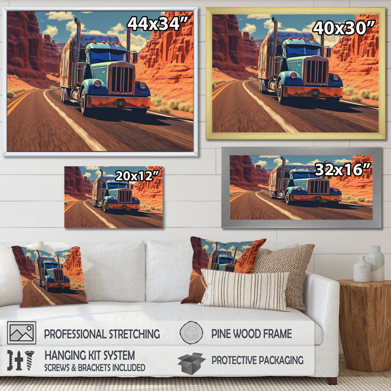 Semi Tractor - Transport, reproduction d'art sur toile, H 16 po x l 32 po x P 1 po, Cadre flottant blanc
