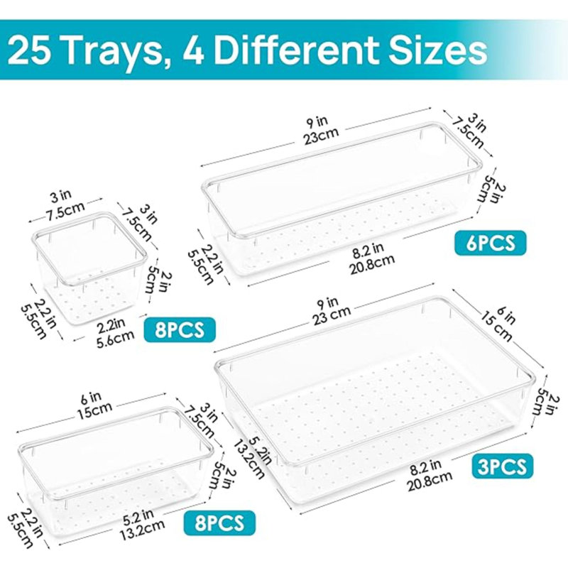 Ensemble de 25 tiroirs de rangement en plastique transparent, 4 plateaux de rangement polyvalents pour salle de bain et coiffeuse, 4 bacs de rangement pour le maquillage, la chambre à coucher, les ustensiles de cuisine et le bureau