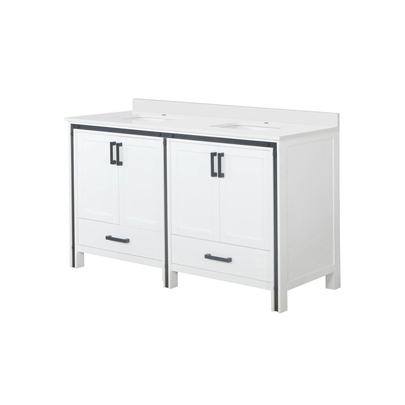 Meuble-lavabo double avec comptoir en quartz blanc, Blanc