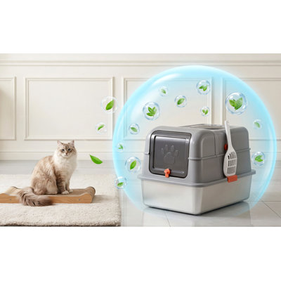 Dog Proof Stainless Steel Cat Litter Box with Lid – Enclosed, High Sided, Front Entry & Top Exit, Leak Proof Design, Scoop Included, for Large & Multi-Cat Homes