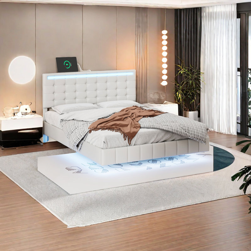 Full Size Floating Bed Frame With Led Lights And Usb Charging, White
