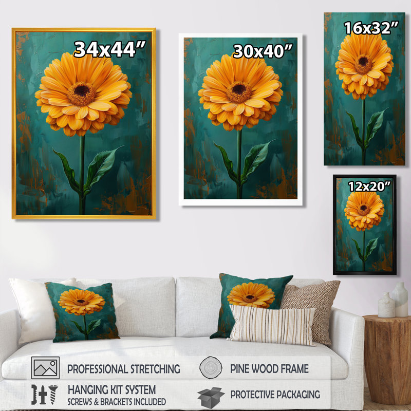 Jaune jaune noir avec fleurs de souci Marigold, Cadre argenté flottant, bois massif, H 12 po x l 20 po