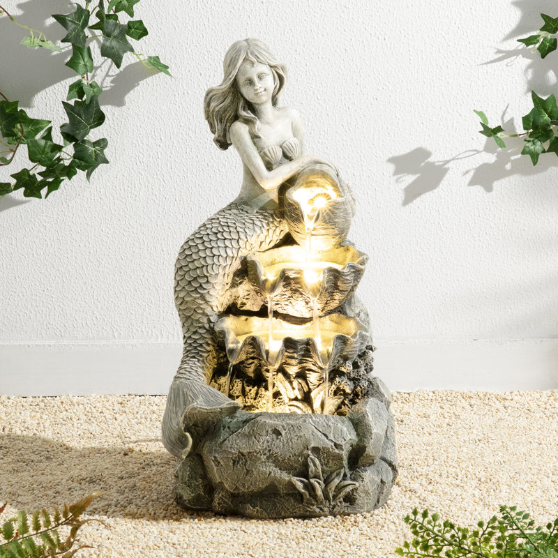 22.25"H 4-Tiered Concrete Mermaid Polyresin Outdoor Fountain With Pump And LED Light (KD)