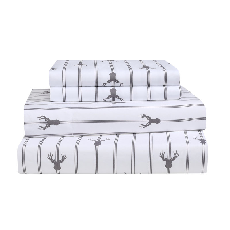 Ensemble de draps en microfibre 4 pièces, Rayé gris / blanc, Ensemble de draps pour lit double avec 2 taies d'o
