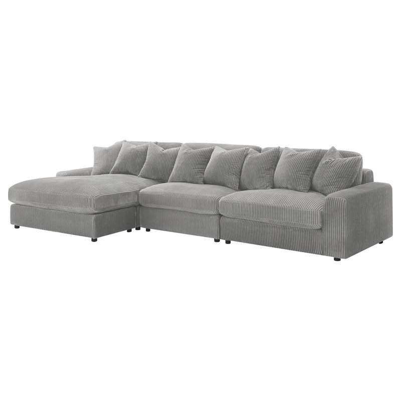 Canapé modulaire 3 pièces avec méridienne réversible Lain, 8 coussins décoratifs Lain, Velours côtelé gris