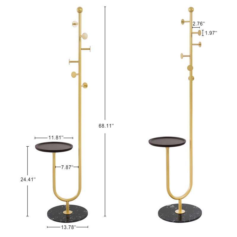 Coat Rack Stand, Metal Coat Tree With Bamboo Tray & 6 Hooks, Heavy Duty Marble Base Corner Coat Stand (Gold)