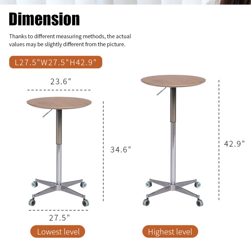 Movable Adjustable Coffee Table 360 Swivel Counter Bar Height Aluminum Star Base Movable, Bronze/SIlver, Natural Wood