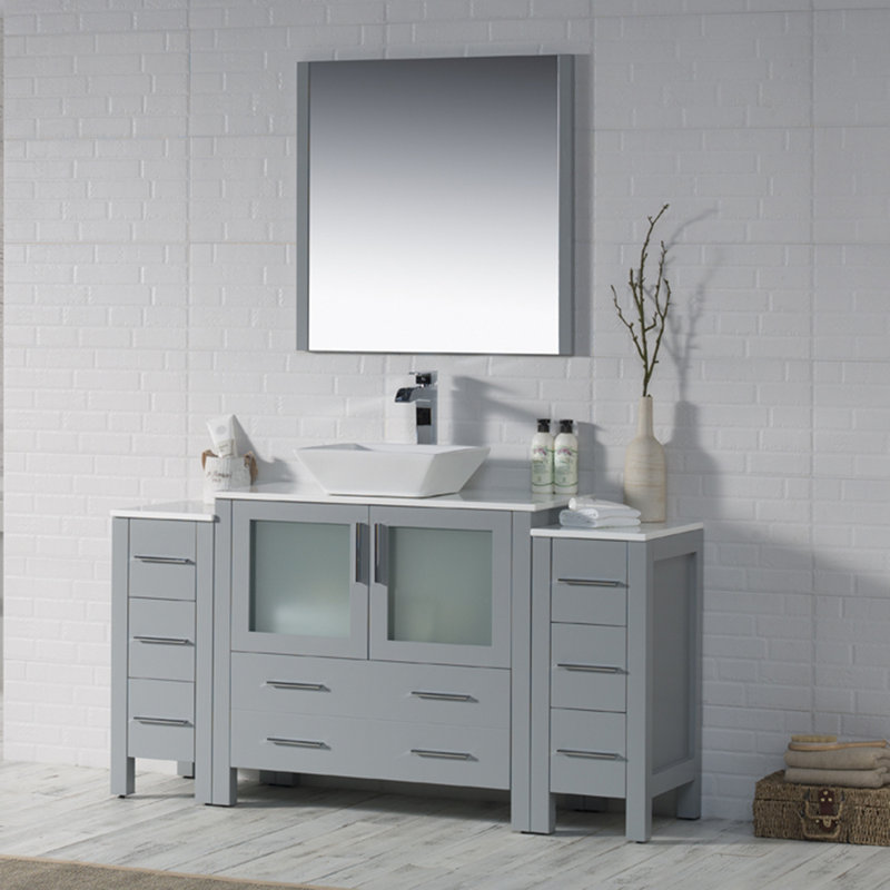 Ensemble de meuble-lavabo de salle de bain double 60 po avec miroir Mance, Gris métallique