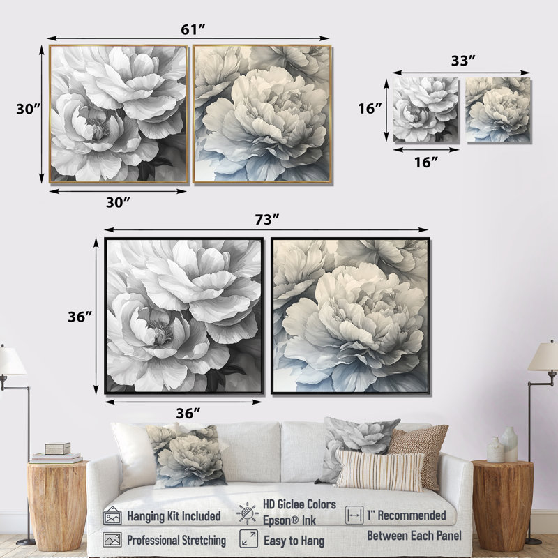 Pivoines en couches monochromes I - art mural pivoines - ensemble d'art mural traditionnel 2 pièces, H 16 po x l 33 po, Blanc