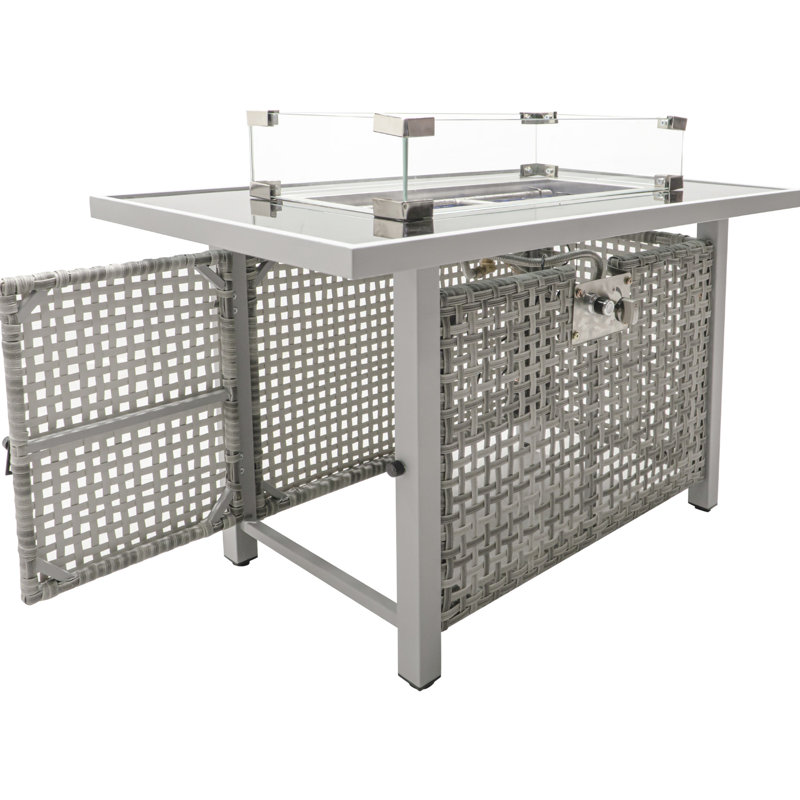43" Rectangular Grey Open Weave Propane Fire Pit Table, 60000 , With Blue Glass Stones, Tempered Wind Guard, And 20lbs Storage For Outdoor Family Gatherings Gas Bohemian Charm, Removable - Rust Lid