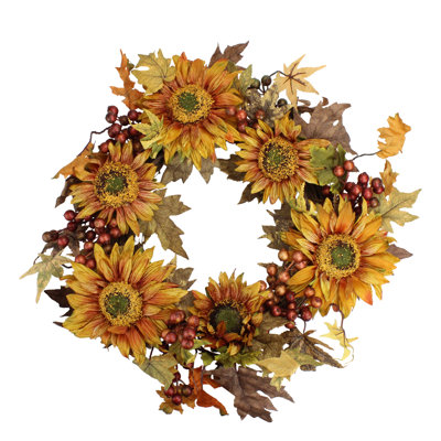 Sunflower and Berry Artificial Floral Wreath Yellow 24-Inch