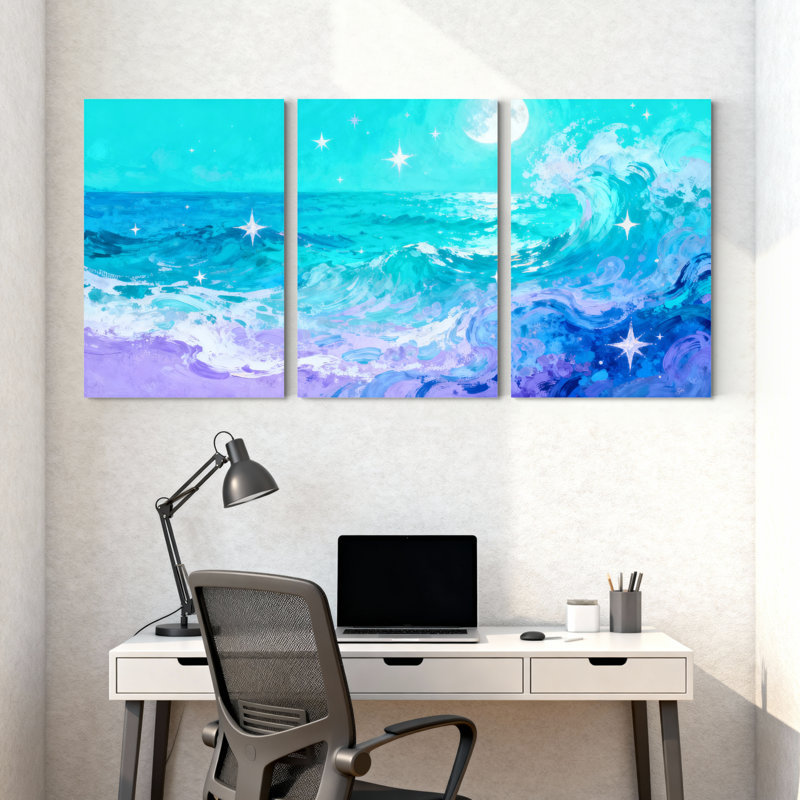 Nautique et plage, vagues océaniques sous un ciel étoilé, ensemble de 3 impressions sur toile