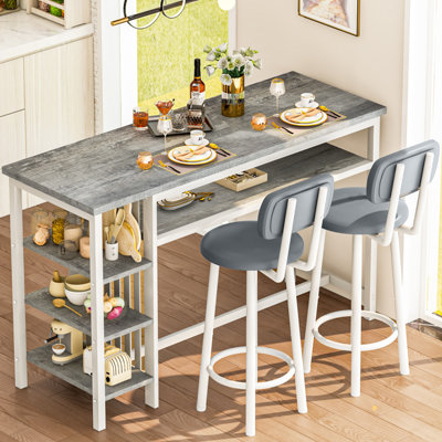 3 Piece Bar Table Set, Kitchen Dining Table Set For 2, Bar Table And Chairs Set With PU Upholstery Stool And 4 Open Storage Shelves, Pub Table Set For Small Space, Grey
