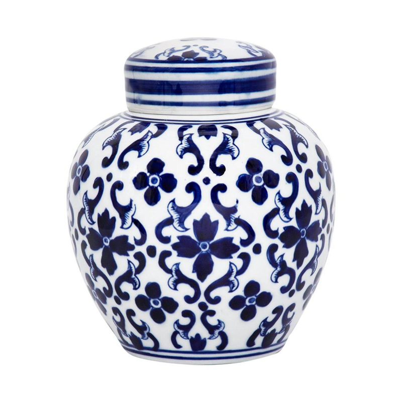 7.5” Blue and White Porcelain Accent Jar, Decorative Lidded Vase with Floral Patterns for Mantel, Tabletop, Flowers, or Centerpiece 