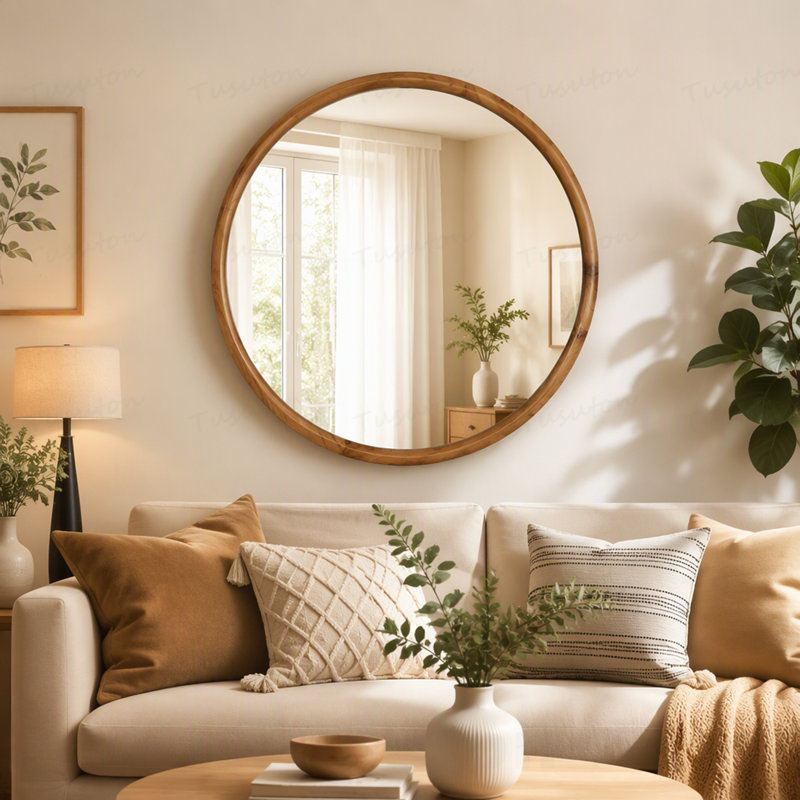 Miroir rond rond à cadre en bois naturel, miroir circulaire en bois naturel de 35,43 po pour la salle de bain, la chambre à coucher, le vestibule, miroir décoratif Mid-Century