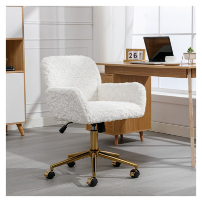 Fauteuil de bureau beige en velours de poils de lapin artificiel, fauteuil de bureau inclinable avec base de 320 mm pour chambre à coucher ou bureau