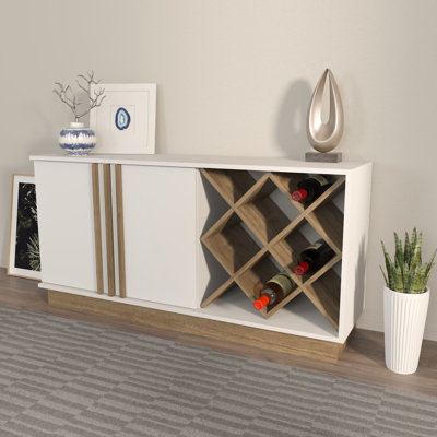 Modern Sideboard Buffet Cabinet, White & Walnut, 58.3 x 27.6 x 15.7 inches | 100% Melamine Coated Particle Board, Thickness: 0.7 inches | Stylish Storage Solution for Dining Room & Living Room, Functional Elegance