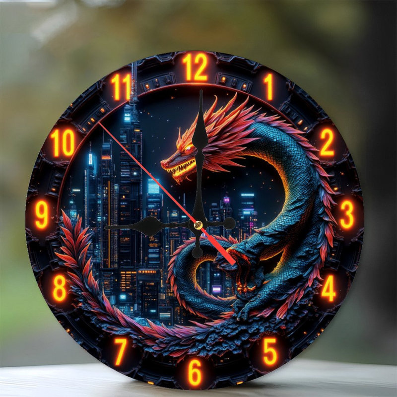Horloge murale dragon chinois avec ville de nuit colorée