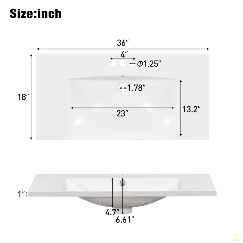 36" Single Bathroom Basin Sink, Vanity Top Only, 3-Faucet Holes, Resin, 36"