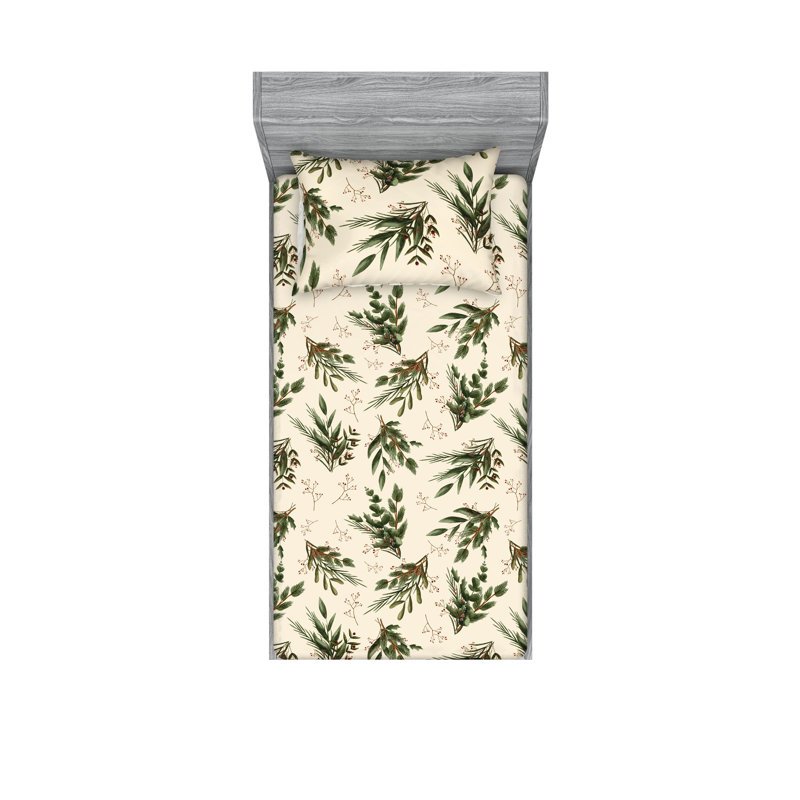 Ambesonne Fitted Sheet & Sham Minimalistic Jungle Eggshell Hunter Green, Twin Sheet Set with 1 Pillowcase
