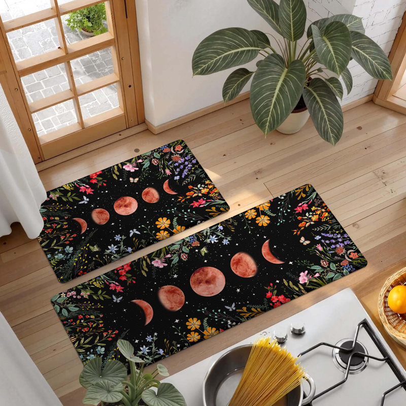 Ensemble de 2 tapis de cuisine anti-fatigue, coussins imperméables et antidérapants à motif floral Moon Garden