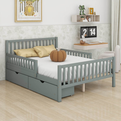 Storage Bed Frame For Kids, Wood Bed With 2 Drawers,Platform Bed With Guardrails On Both Sides For Kids, Girls, Boys
