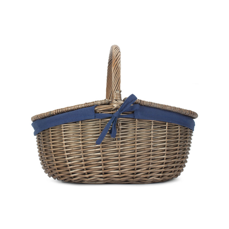 Wicker Lidded Picnic Hamper Basket with Lining,  Antique Wash 