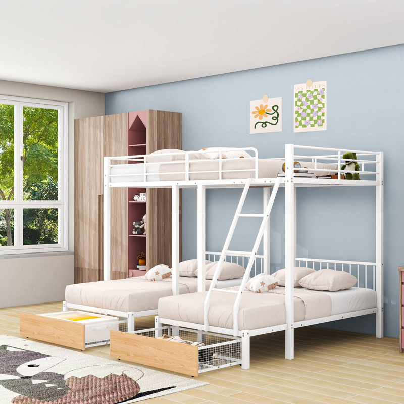 2 Drawers Metal Full Over Twin & Twin Triple Bunk Bed With Guardrails, Shelves And Ladder, Detachable Design, White